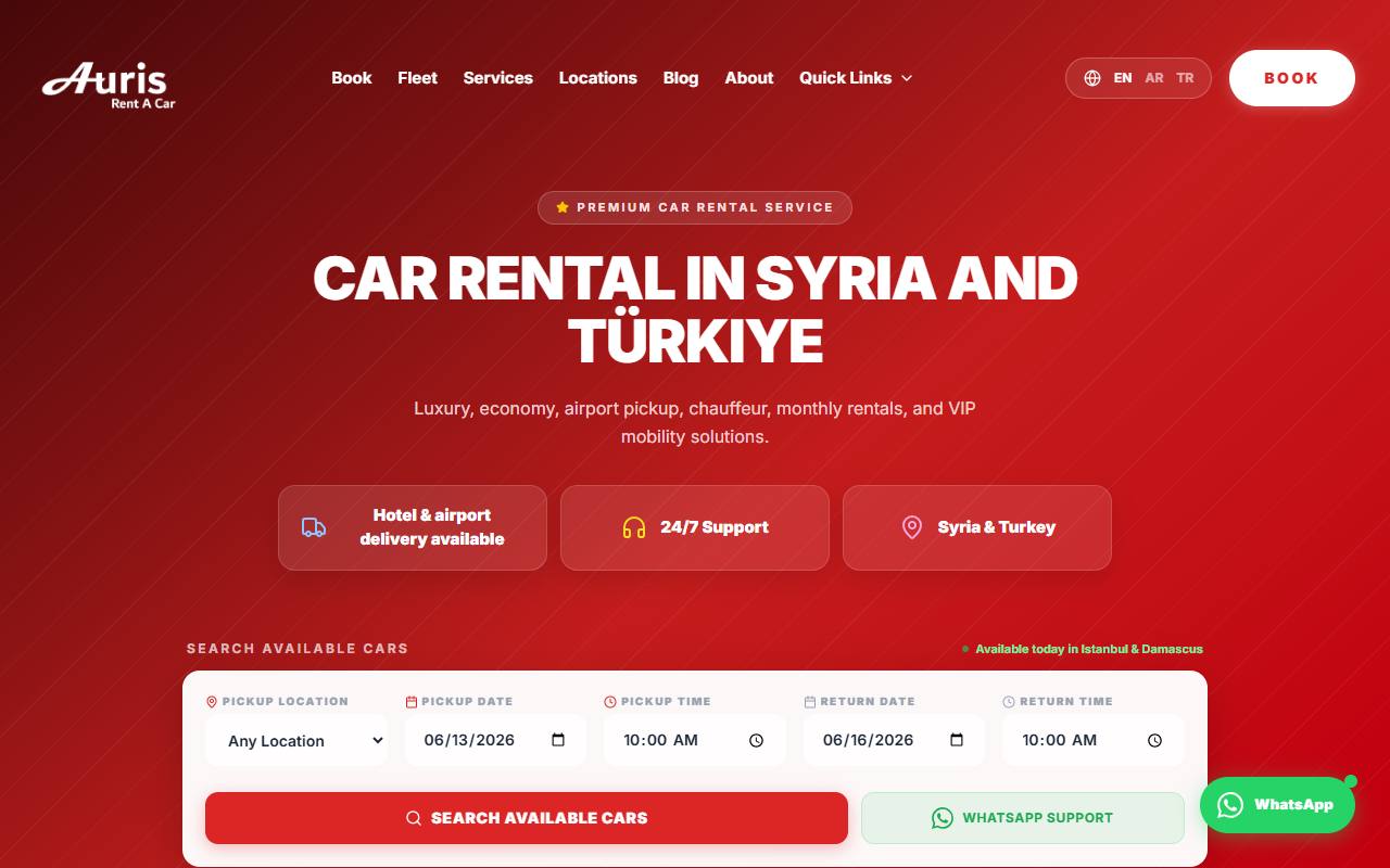 Auris Cars car rental website built with Next.js, designed and developed by Moayad Aldalati