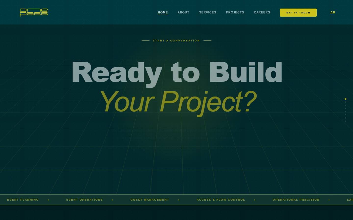 ONE PASS Saudi event execution company bilingual English-Arabic website with GSAP animations